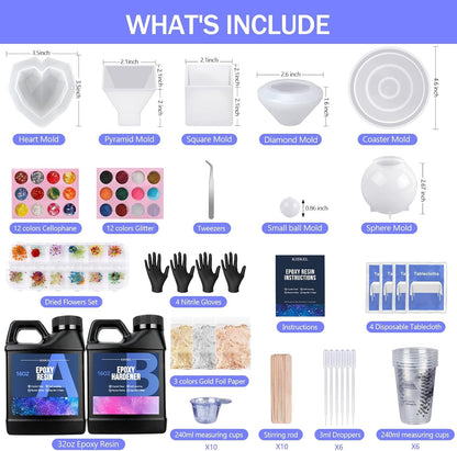 KISREL Epoxy Resin Kit for Beginners, Resin Kit with Molds, 32OZ Epoxy Kit Wiht Dried Flowers, Measuring Cups and Resins Supplies