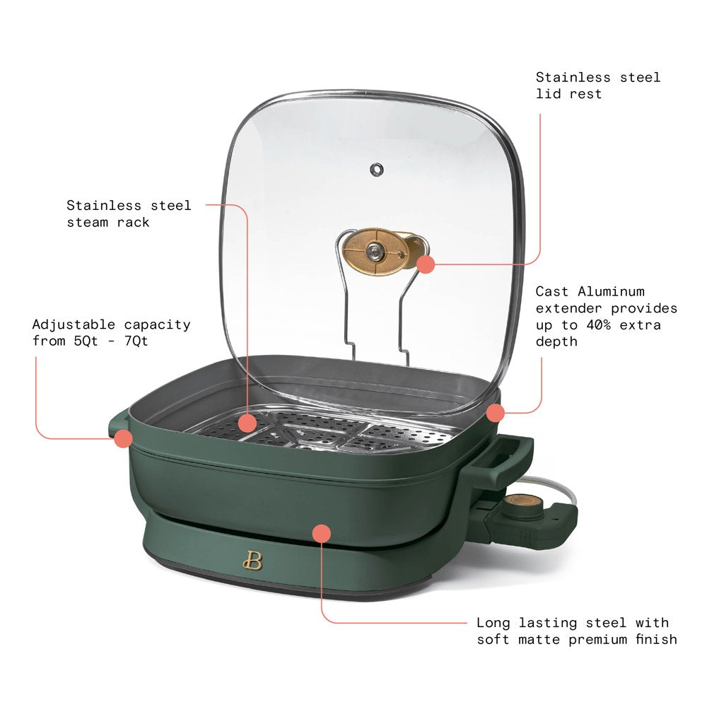 5 in 1 Electric Skillet - Expandable up to 7 Qt with Glass Lid, Thyme Green by Drew Barrymore