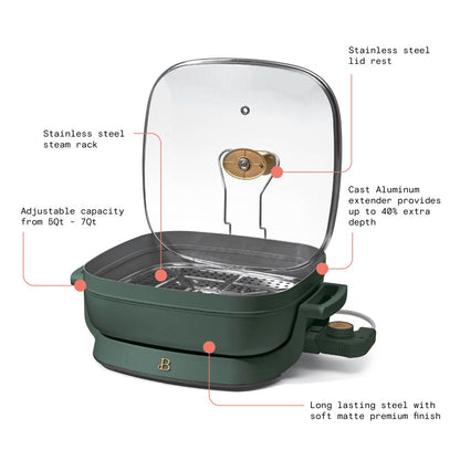5 in 1 Electric Skillet - Expandable up to 7 Qt with Glass Lid, Thyme Green by Drew Barrymore