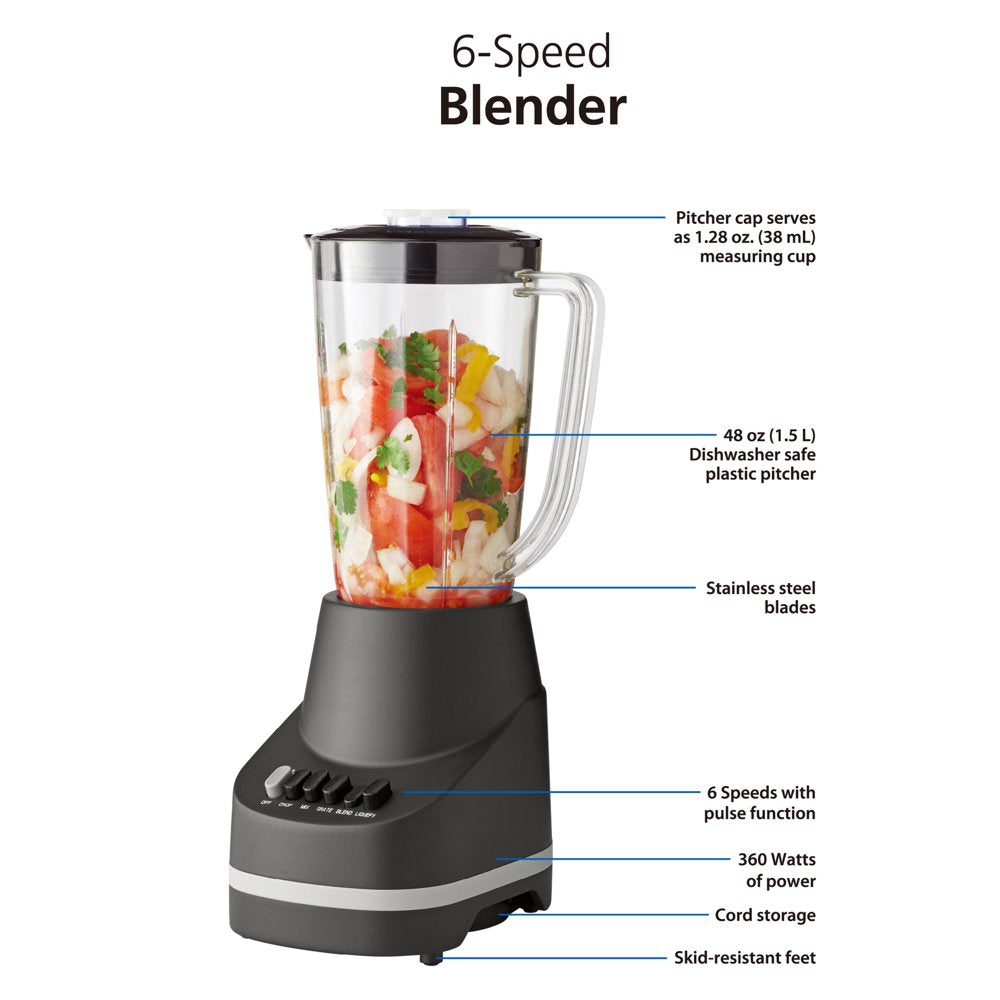 6-Speed Blender with 48 Oz/1.5 L Pitcher, Black, New