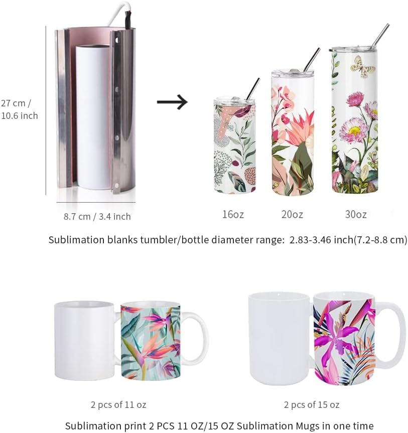 110 V Tumbler Heat Press Machine Blue Mug Press Machine for 30 OZ 20 OZ 16 OZ Straight Sublimation Blanks Skinny Tumbler 15 OZ 11 OZ Sublimation Ceramic Mugs Heat Transfer Print