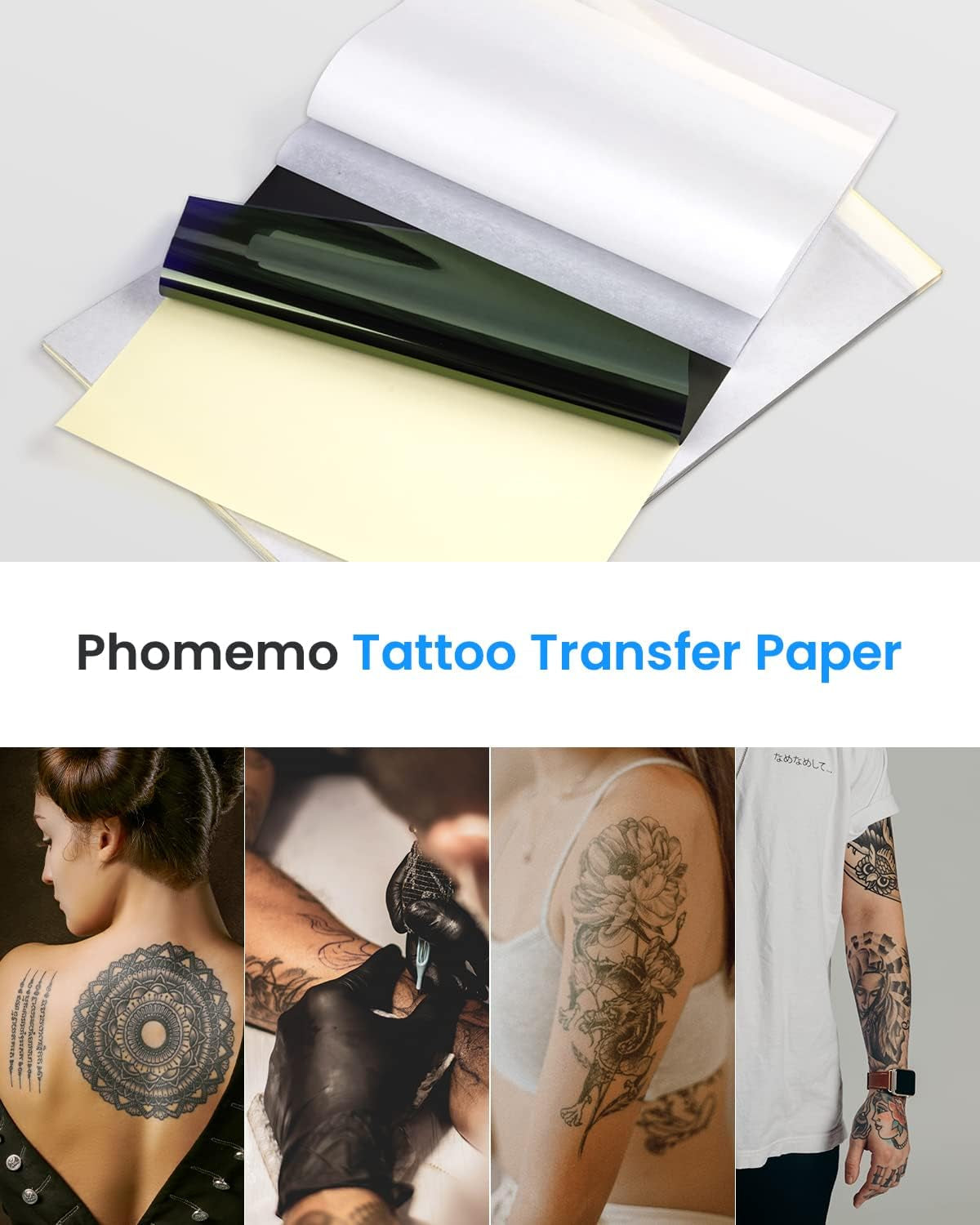 Phomemo Tattoo Transfer Paper - 100 Sheets A4 Size, Thermal Stencil Paper for Tattoos Transfer Kit - Personal & Commercial Use, DIY Tattooing Tracing Paper for M08F Printers & Tattoo Supplies