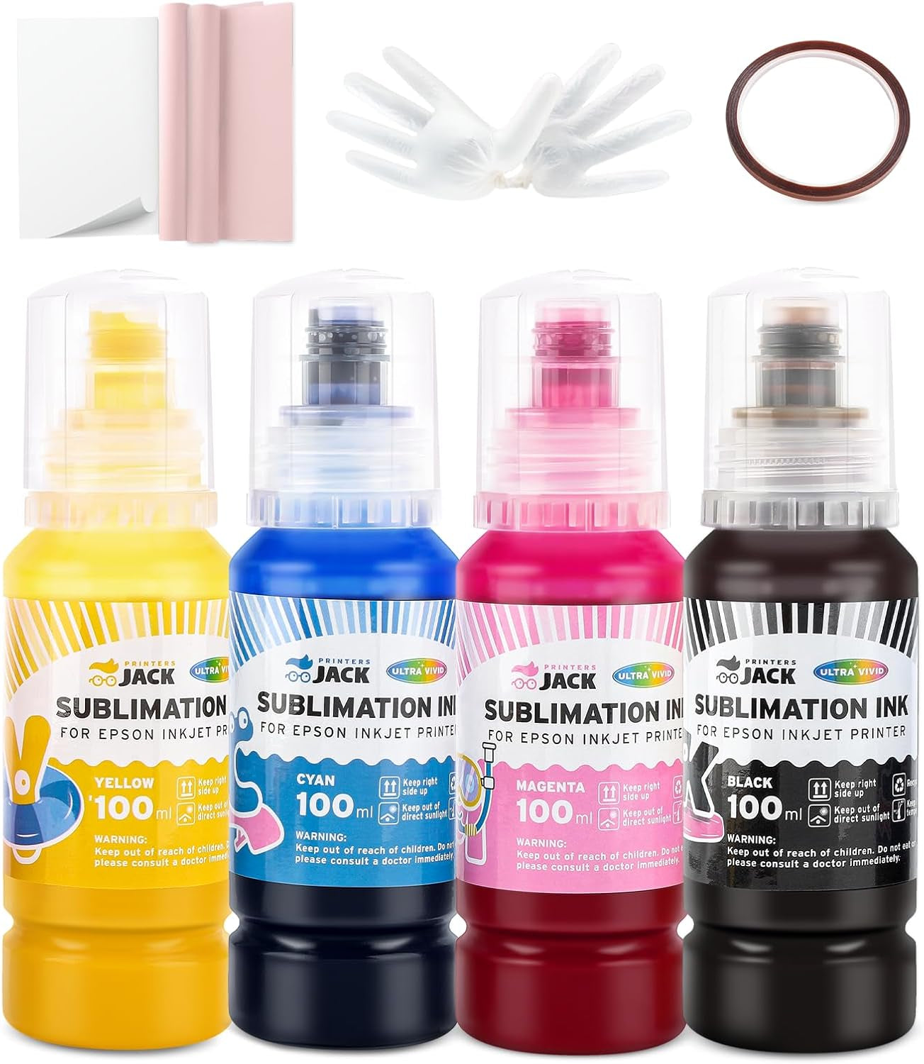 Printers Jack Sublimation Ink & 150 Sheet Sublimation Paper 8.5X11’’ 120G, Heat Tape Compatible for Inkjet Printer ET-2800 ET-15000 ET-2803 ET-2760 ET-2400 ET-4700 ET-4800 ET-2720