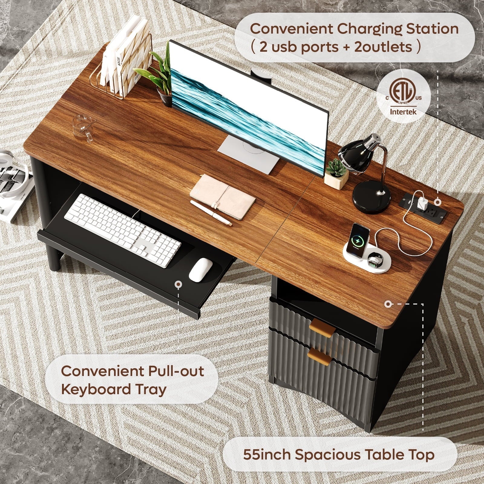 55" Computer Writing PC Desk Home Office with Power Outlets Keyboard Tray and Storage Drawers, Black