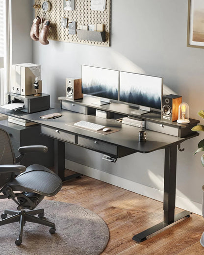 63 X 24 Inch Height Adjustable Electric Standing Desk with Drawers, Stand up Table with Large Storage Shelf, Sit Stand Desk for Home Office, Black