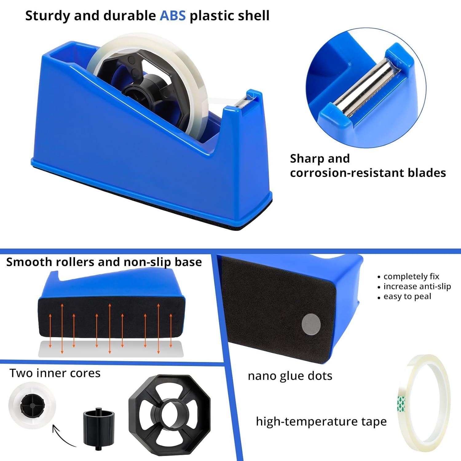 Heat Tape Dispenser - Sublimation Heat Transfer Tape Dispenser Holder Fits 1"& 3" Cores, Blue Desk Dispenser Sets for Office and School
