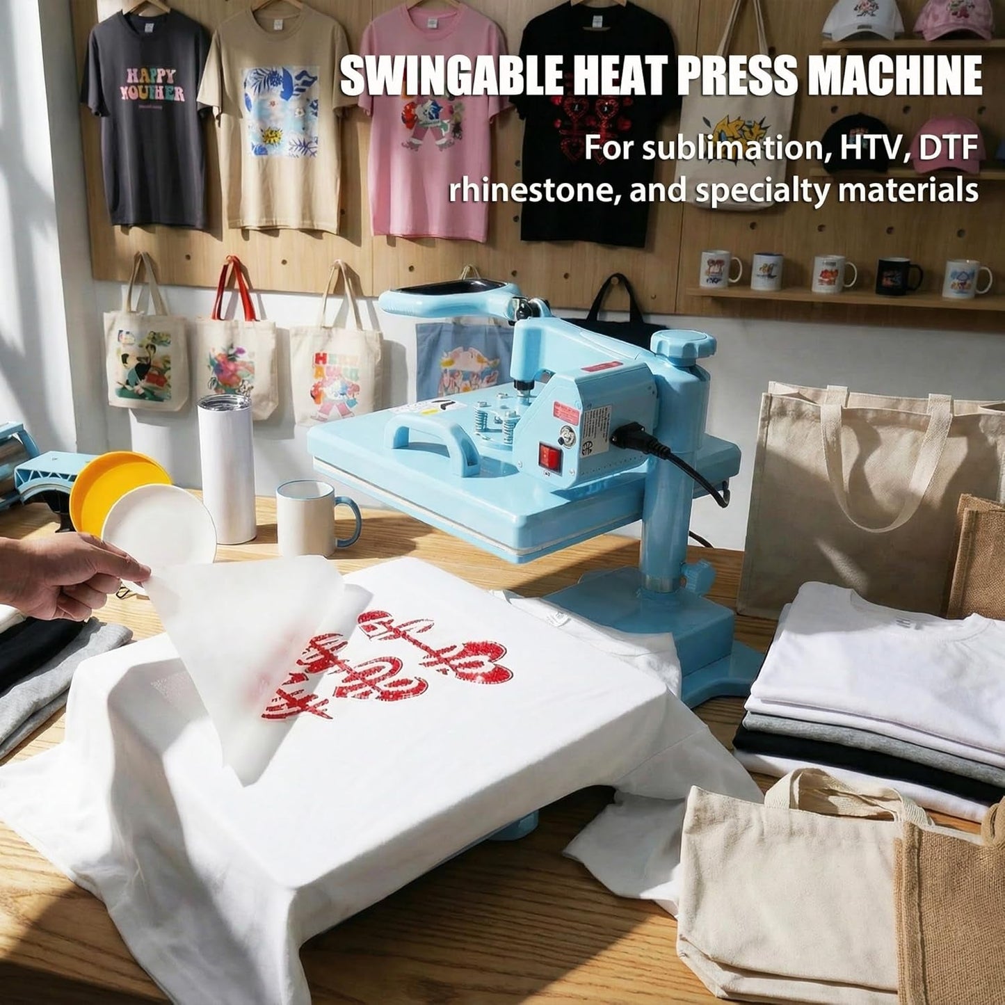 Upgrade 15X15 Heat Press, 5In1 Set Heat Press Machine with 11-30Oz Tumbler/Mug/Hat Press, 360° Swing Away Digital Shirt Press, Slide Out Sublimation Heatspress for Beginners (15‘’X15‘’ Blue 5In1)