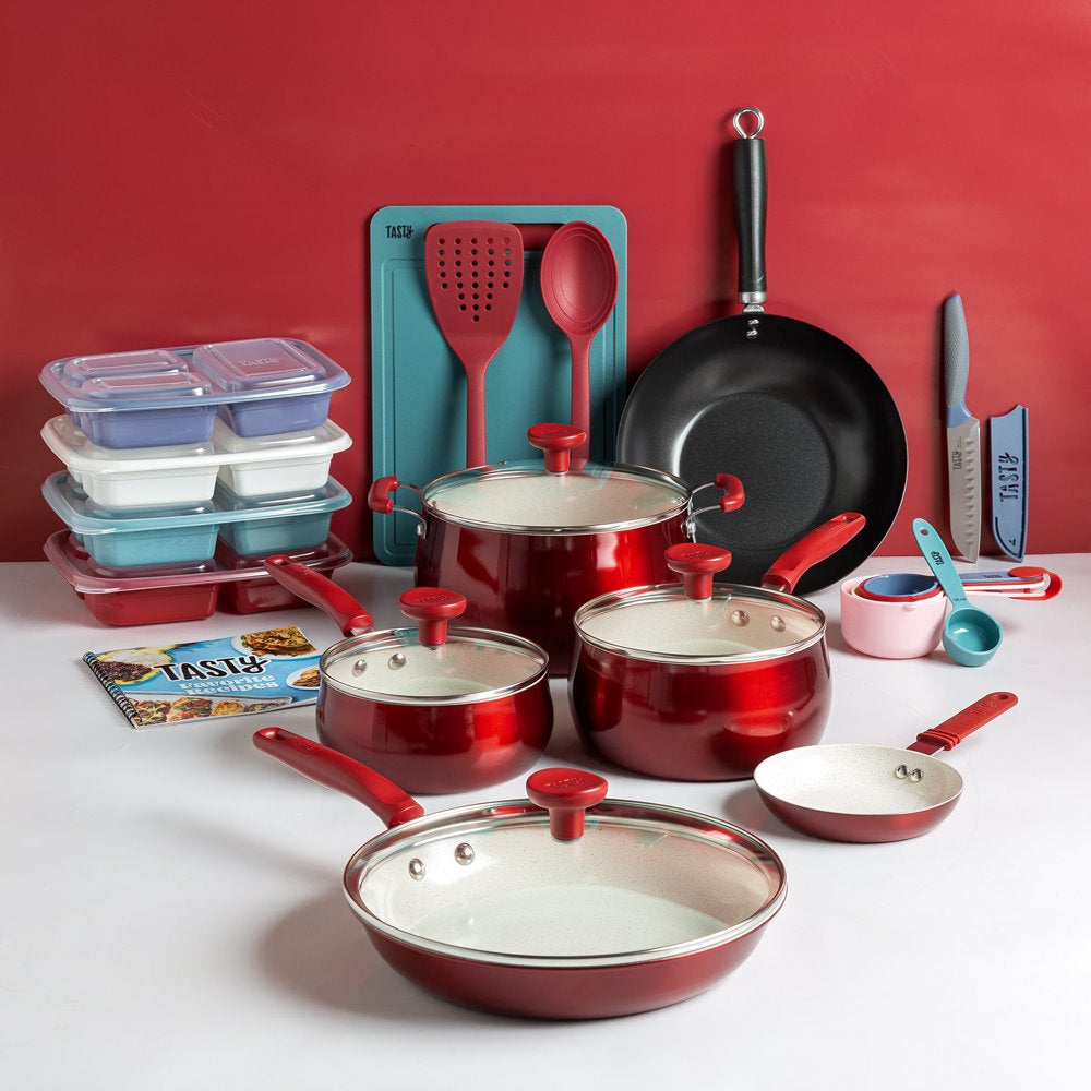 Clean Ceramic 24 Piece Non-Stick Aluminum Cookware Set, Red