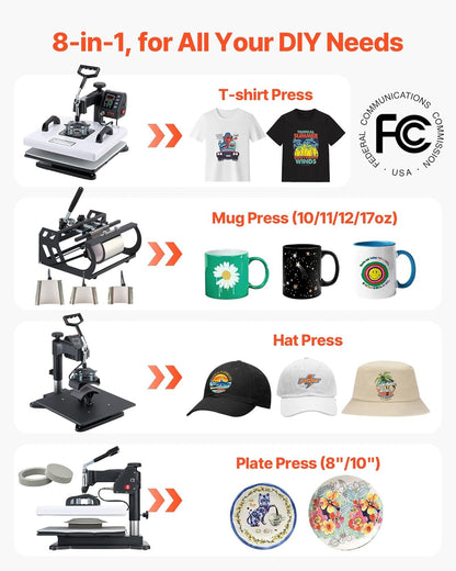 VEVOR Heat Press Machine, 15 X 15 In, 8-In-1 Multifunction, 360° Swing Away, Heat up Fast and Even, Digital Precise Control, Sublimation Press Machine for T-Shirts, Mugs, Tumblers, Caps, Plates