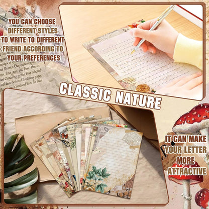 Taobary 160 Pcs Stationery Paper Set 50 Double Sided Stationery Papers with 50 Matching Envelopes and 60 round Dot Sticker, 10 Design(Nature Vintage Style,5.5 X 8.25 Inch)