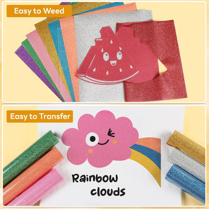 Glitter HTV Heat Transfer Vinyl - 13 Sheets 12" X 10"Glitter Iron on Vinyl for T-Shirts, Sparkle HTV Compatible with Cricut & Silhouette,Easy to Cut & Weed
