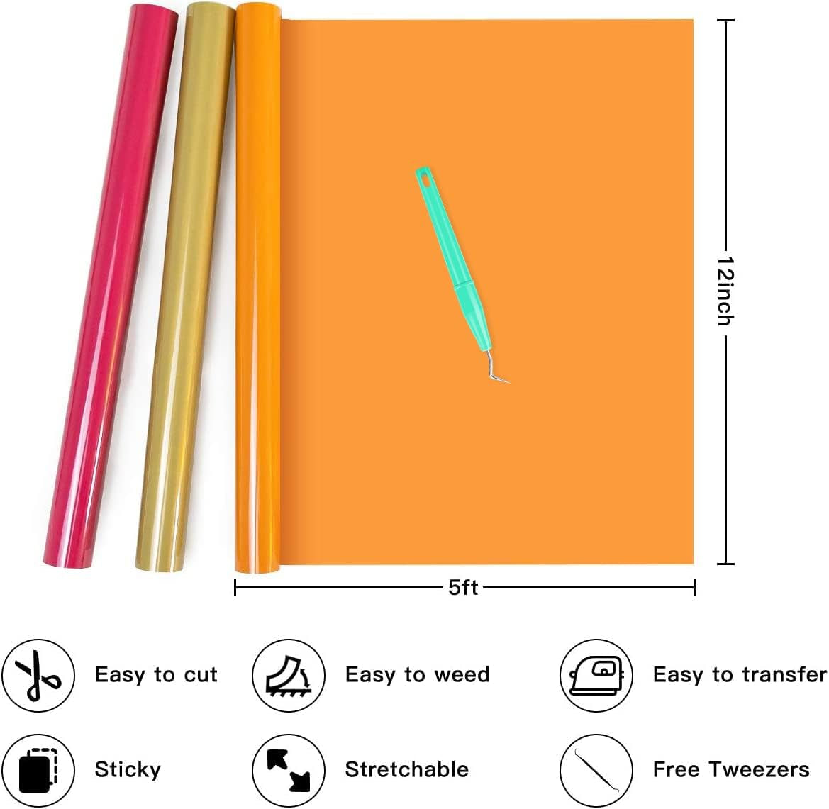 HTV Heat Transfer Vinyl Bundle (12 Pack) - 12" X 5FT HTV Vinyl Rolls, Easy to Cut Iron on Vinyl for All Cutting Machines, Easy to Weed Heat Transfer Vinyl