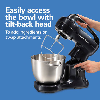 Electric Stand Mixer with 4 Quart Stainless Bowl, 7 Speeds, Whisk, Dough Hook, and Flat Beater Attachments, Splash Guard, 300 Watts, Black, 63394