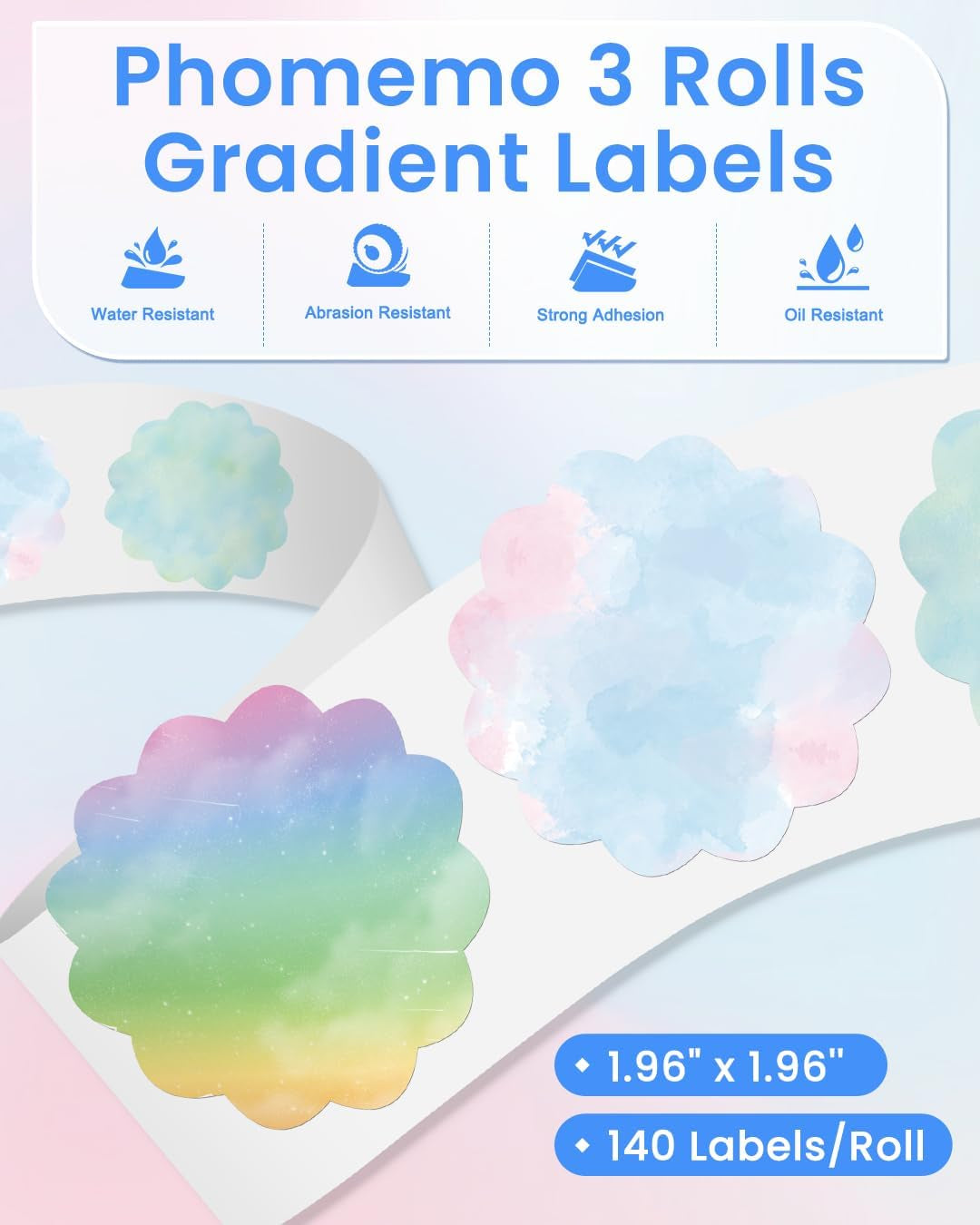 Phomemo Thermal Labels - 3 Rolls Gradient Color M110 Labels for M110/M220/M221/M120/M200, 1.96"X1.96" (50X50Mm), 140 Labels for Small Business/Home Use, Barcode, Address, Logo