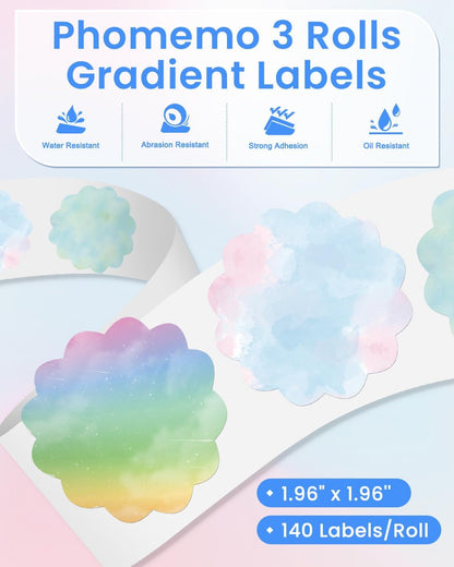 Phomemo Thermal Labels - 3 Rolls Gradient Color M110 Labels for M110/M220/M221/M120/M200, 1.96"X1.96" (50X50Mm), 140 Labels for Small Business/Home Use, Barcode, Address, Logo