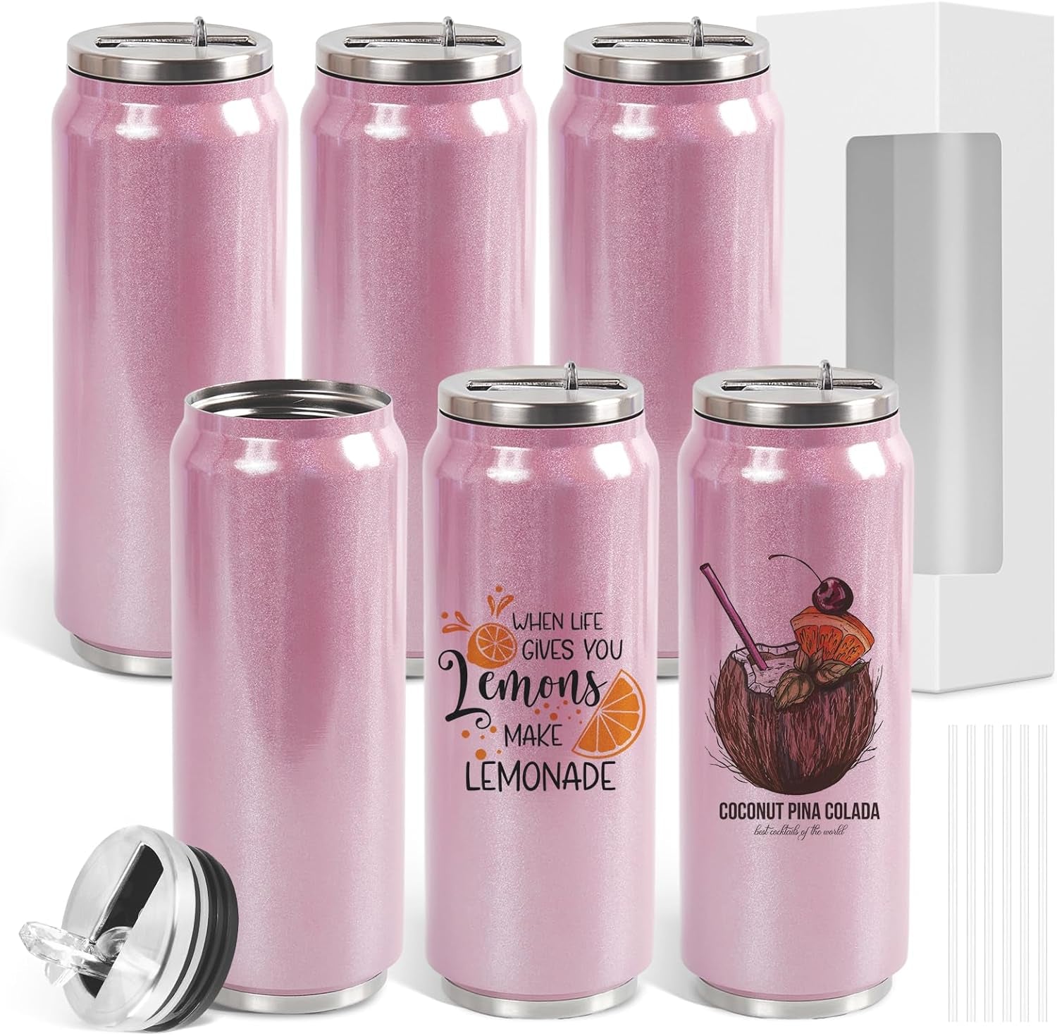 Colorsub 17 Oz Sublimation Glitter Tumblers Cans, Stainless Steel Sublimation Blanks Tumblers, Double Wall Insulated Cups Set with Lid, Straw, Gift Box, 6 Pack Pink