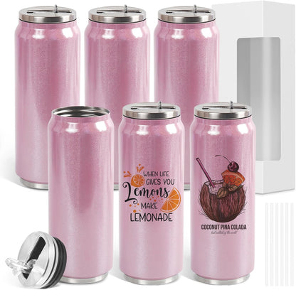 Colorsub 17 Oz Sublimation Glitter Tumblers Cans, Stainless Steel Sublimation Blanks Tumblers, Double Wall Insulated Cups Set with Lid, Straw, Gift Box, 6 Pack Pink