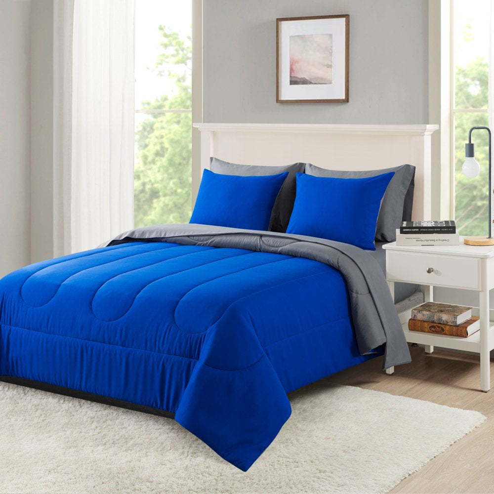 7-Piece Reversible Blue Bed in a Bag Comforter Set with Sheets, Queen