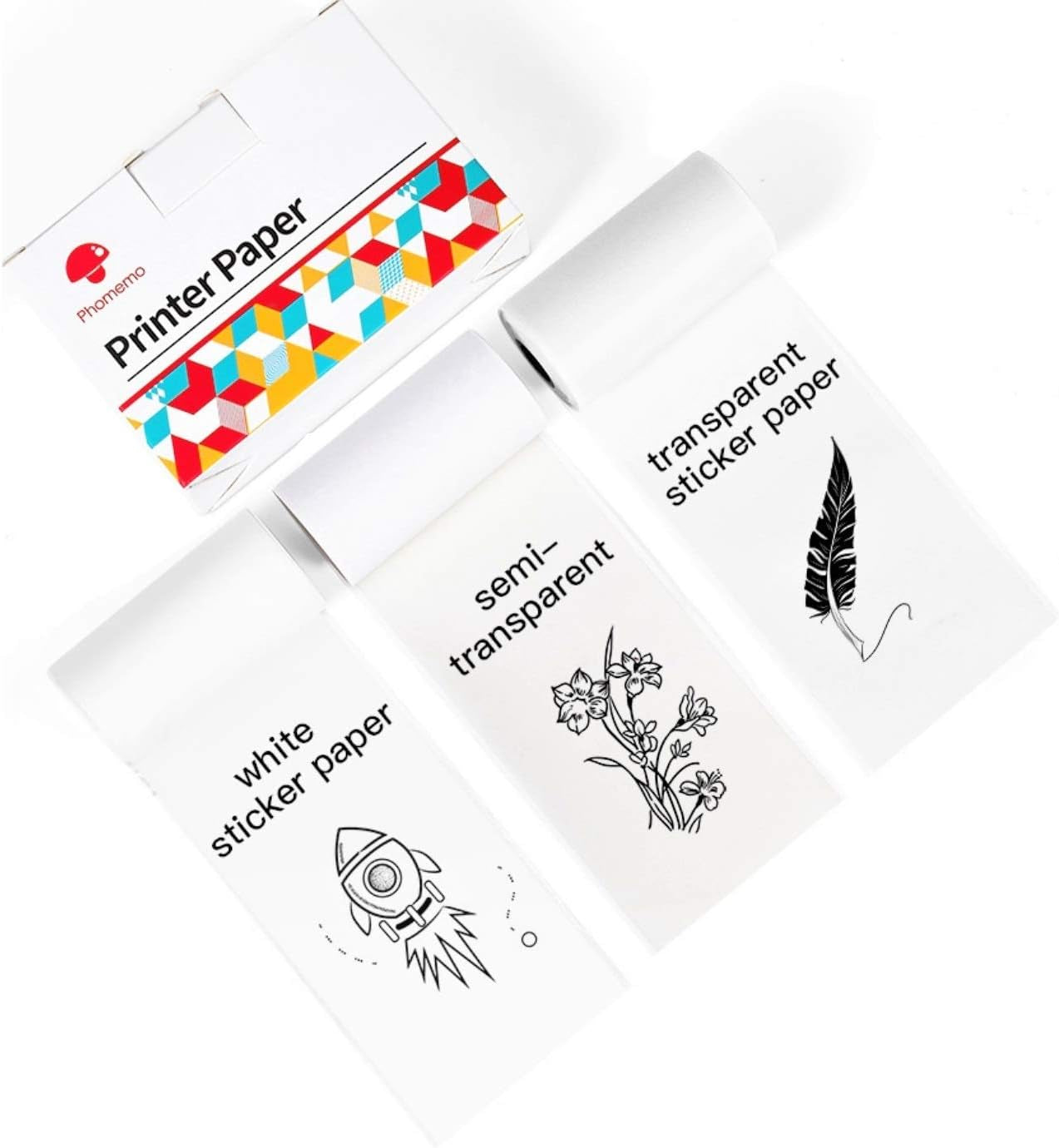 Phomemo Adhesive Thermal Sticker Paper, 50Mm-53Mm Width, White/Transparent/Semi-Transparent, 112 Sheets, Compatible with Phomemo M02/M03/M04 Series Bluetooth Thermal Pocket Printers