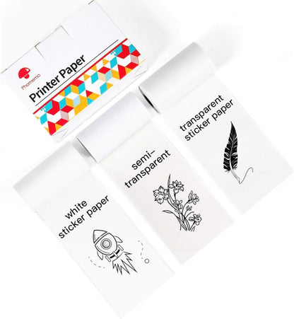 Phomemo Adhesive Thermal Sticker Paper, 50Mm-53Mm Width, White/Transparent/Semi-Transparent, 112 Sheets, Compatible with Phomemo M02/M03/M04 Series Bluetooth Thermal Pocket Printers