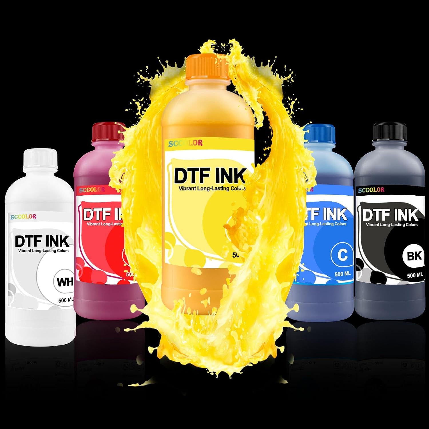 DTF INK Combo Pack 500Ml-Premium Direct-To-Film Transfer Ink for PET Film | Compatible for Printheads L1800 L805 R1390 4720 I3200 XP600 DX7 DX5 5113.2 White,1 Black,1 Cyan,1 Magenta,1 Yellow