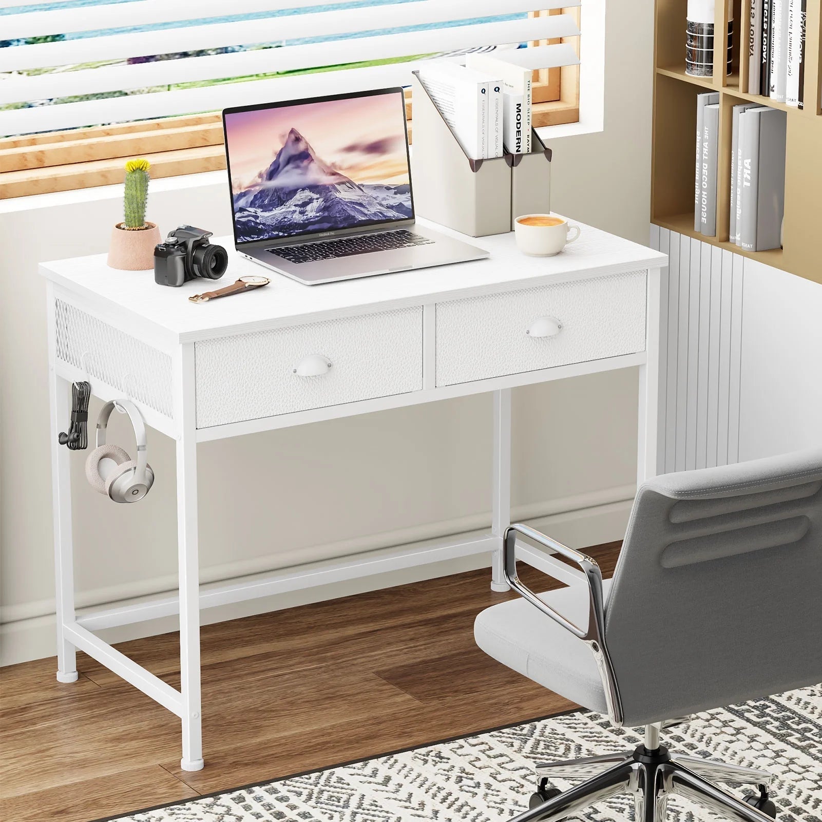 White Writing Desk with Drawers & Hooks, 34" Computer Desk with 2 Fabric Drawers