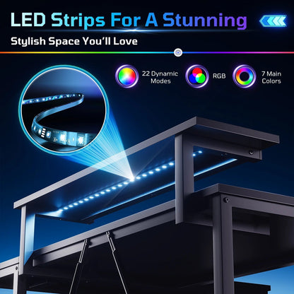 42" Reversible L-Shaped Gaming Desk: Equipped with Power Outlets, LED Lights, Adjustable Shelves & Hooks for Small Spaces ,Bedrooms & Offices, Carbon Fiber Black