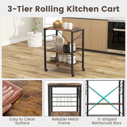 3-Layer Microwave Stand Bakers Rack, Kitchen Rolling Cart with 4 Universal Wheels and 10 Removable Hooks, Coffee Cart Shelf Organizer for Kitchen, Living Room, Entryway, Rustic Brown