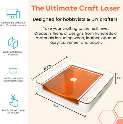 Glowforge Aura Craft Laser Engraver and Cutter with Proofgrade Essentials Bundle, Engraving Machine and Materials for Hobbies