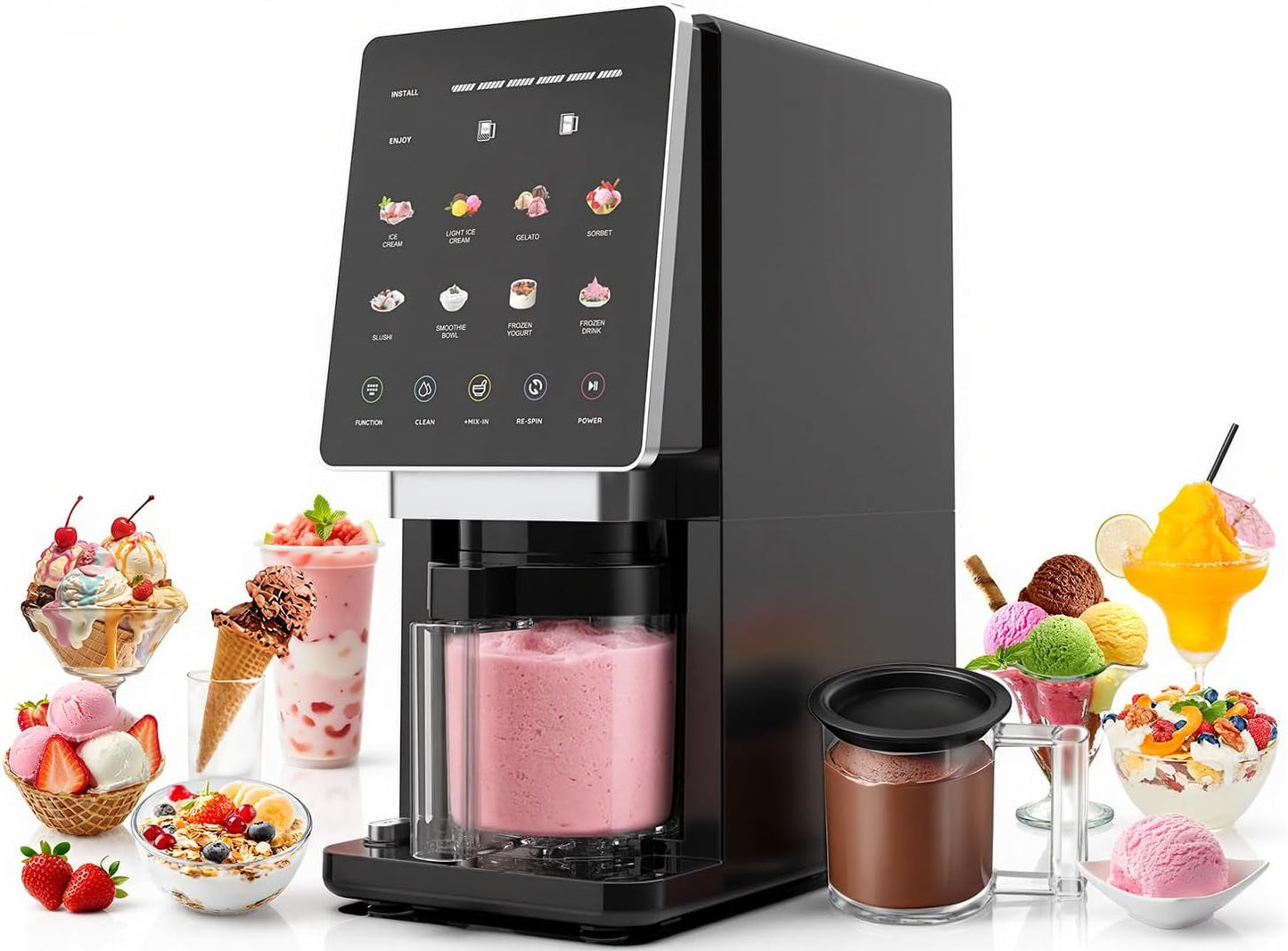 Ice Cream Maker & 10-In-1 Frozen Treat Maker, 20 Oz 1 Pint, Mix-In + Re-Spin for Creamy Texture, Gelato, Sorbet, Slushie, Frozen Yogurt & Smoothie Bowls Machine for Homemade, Recipe Guide