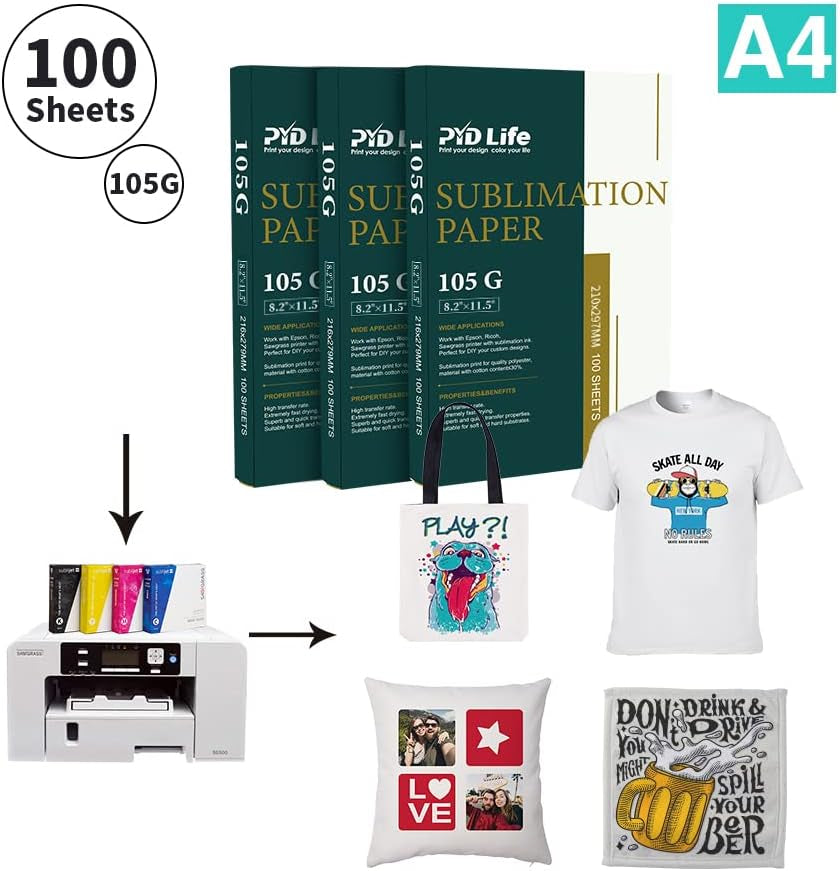 PYD Life Sublimation Blank Paper A4 Size,100 Sheets,Heat Transfer Paper for Sublimation Blanks T-Shirt Tote Bag 105 G