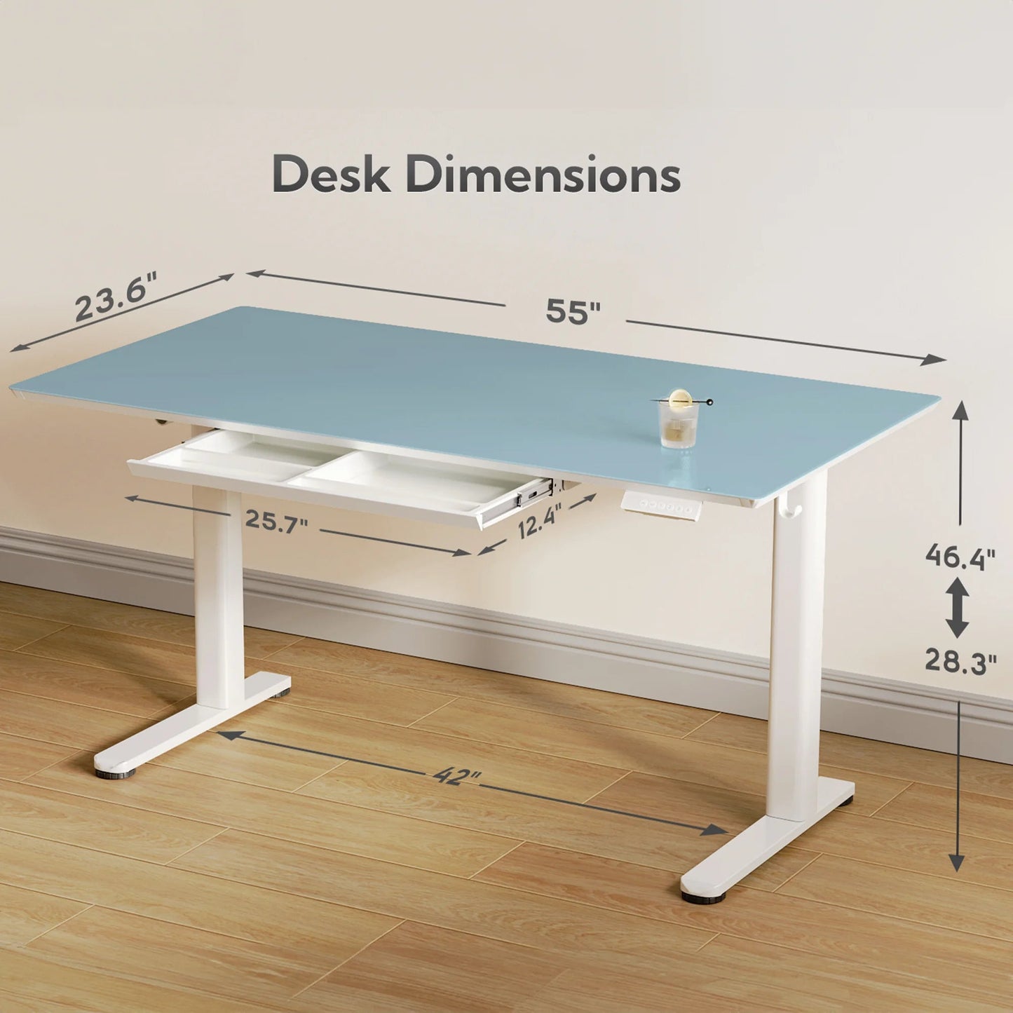 Glass Standing Desk with Drawers, 55 Inch Adjustable Height Stand up Desk, Glass Top Sit to Stand Study Desk,Electric Computer Standing Desk with Storage, Morandi Blue