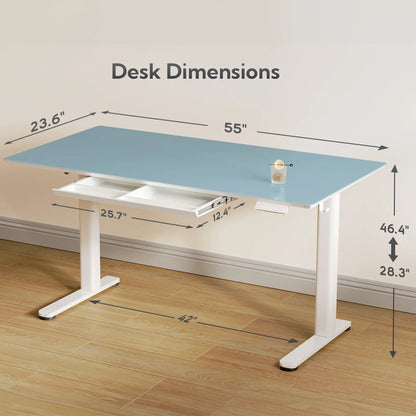 Glass Standing Desk with Drawers, 55 Inch Adjustable Height Stand up Desk, Glass Top Sit to Stand Study Desk,Electric Computer Standing Desk with Storage, Morandi Blue