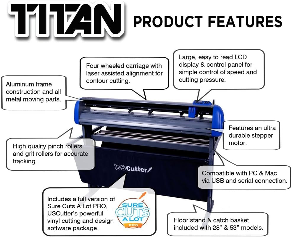 Uscutter Titan 28 Inch Vinyl Cutter with Stand, Basket and Vinylmaster Cut (Design and Cut) Software