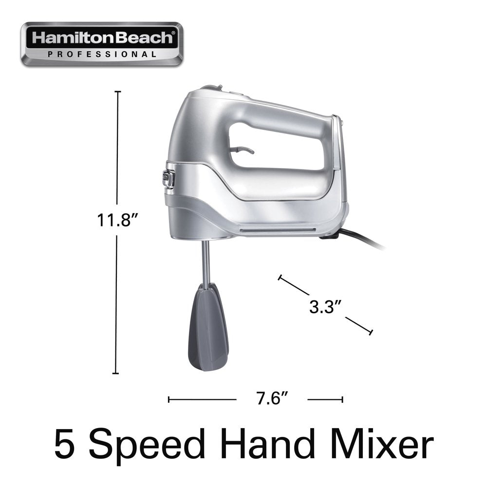 Professional 5-Speed Electric Hand Mixer, High Performance DC Motor, Quickburst, Slow Start Speed, Easy Clean Beaters and Whisk, Silver, 62664