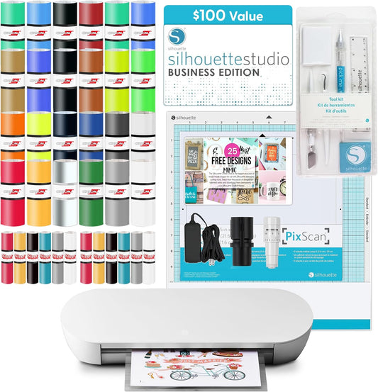 Silhouette America Portrait 4 Vinyl Cutting Machine, Deluxe Bundle - 9” Vinyl Cutter with Pixscan, Business Edition Software, 12 Sheets of HTV, 24 Sheets of Oracal, and Tool Kit for Crafters