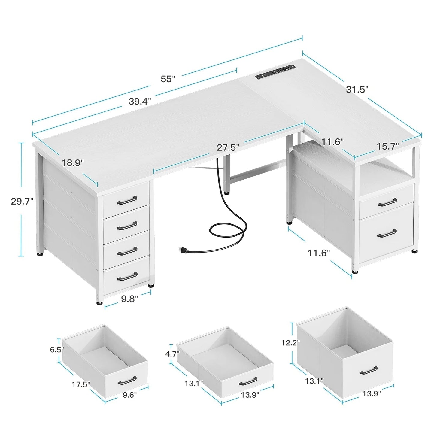 55 Inch Computer Desk with 5 Drawers and File Cabinet for Storage, Office Desk with Storage Shelf & Power Outlets, Home Office Desks, White