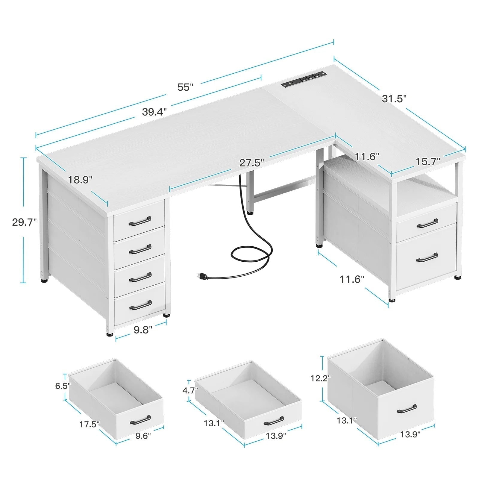 55 Inch Computer Desk with 5 Drawers and File Cabinet for Storage, Office Desk with Storage Shelf & Power Outlets, Home Office Desks, White