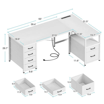55 Inch Computer Desk with 5 Drawers and File Cabinet for Storage, Office Desk with Storage Shelf & Power Outlets, Home Office Desks, White