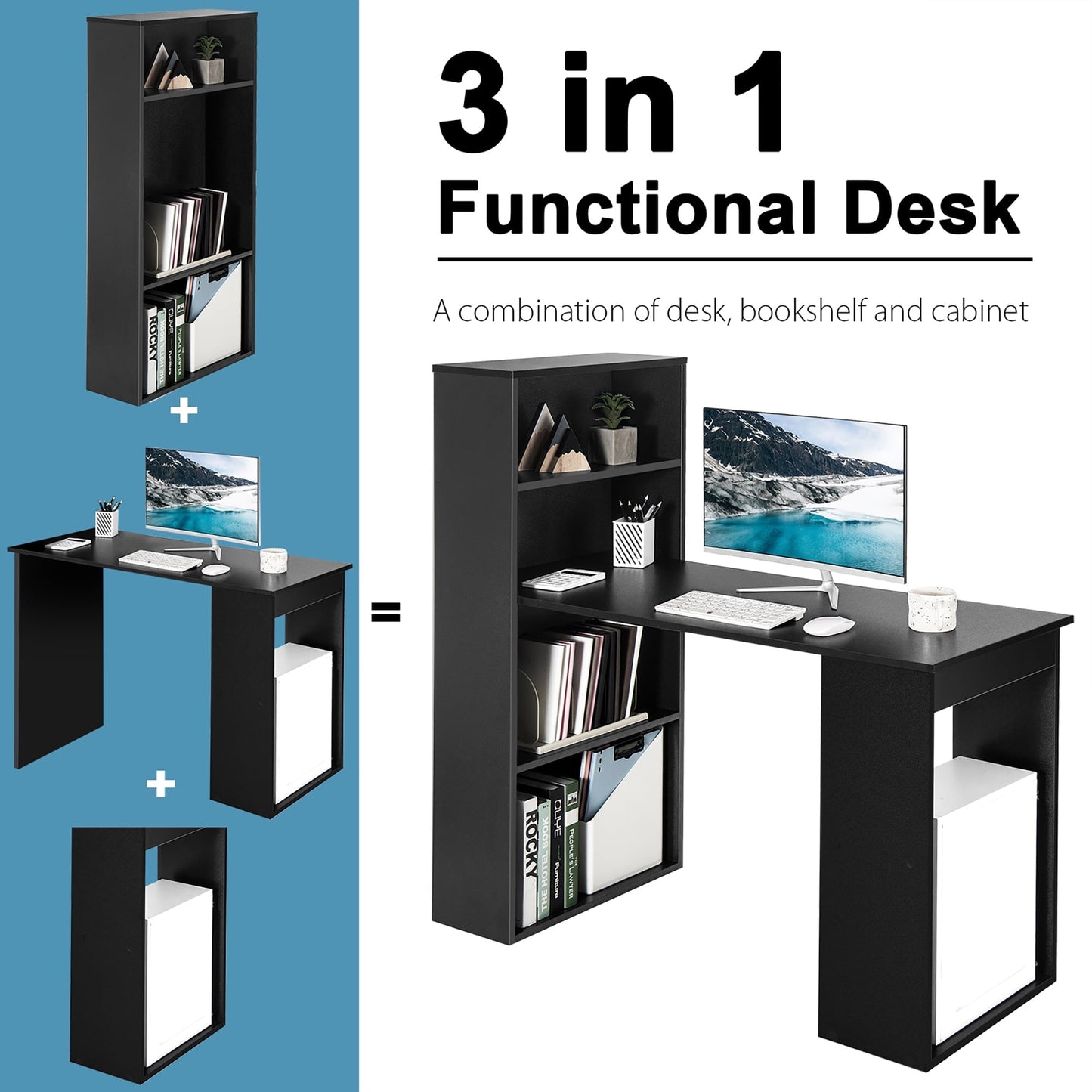 Computer Desk Writing Workstation Office W/6-Tier Storage Shelves Black