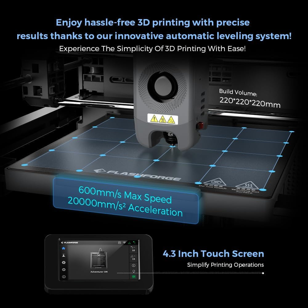 FLASHFORGE Adventurer 5M 3D Printer, 600Mm/S High-Speed, 1 Click Fully Auto Leveling, Upgraded Direct Extruder Quick Detachable 280°C Nozzle, Dual-Sided PEI Coating Plate, Print Size 220X220X220Mm