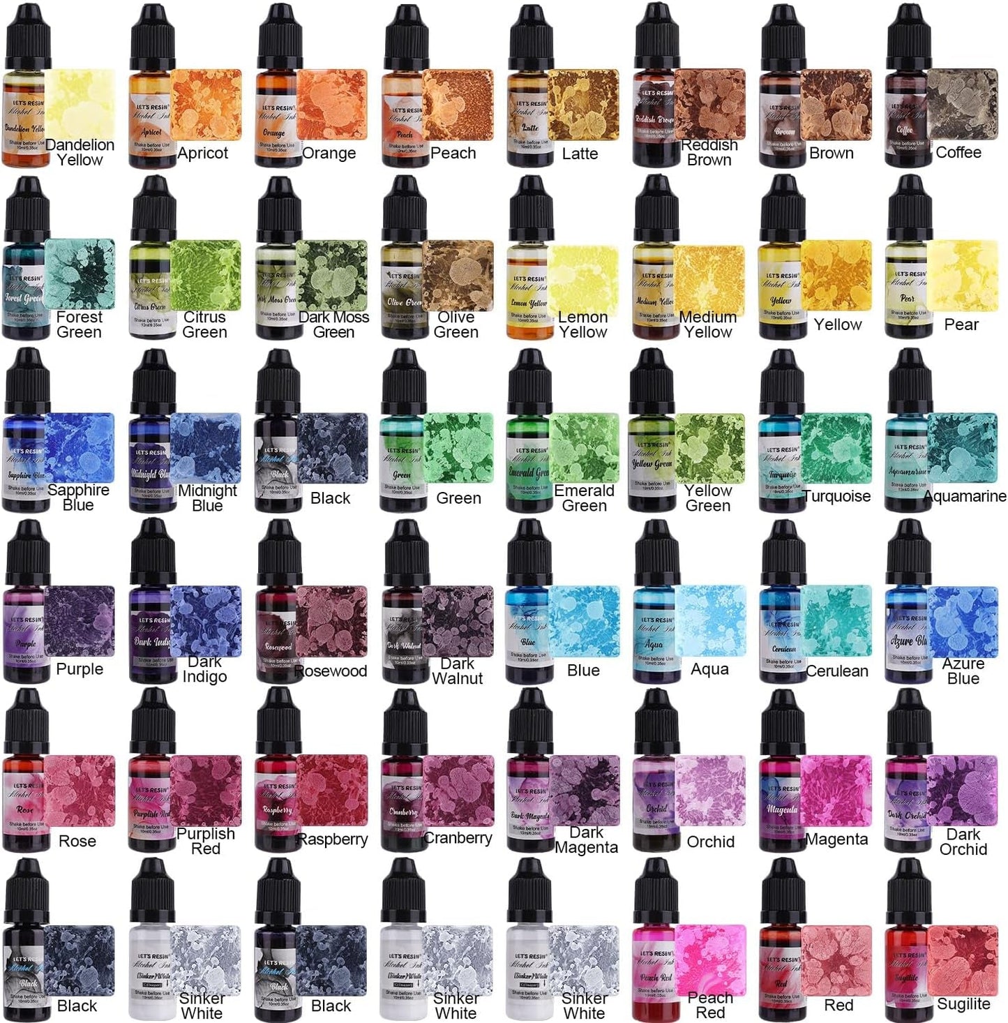LET'S RESIN 48Pcs Concentrated Alcohol Ink Set, Vibrant Colors Alcohol-Based Resin Ink for Epoxy Resin, Alcohol Paint Dye for Resin Art, Tumblers, Epoxy Resin (Each 0.35Oz)