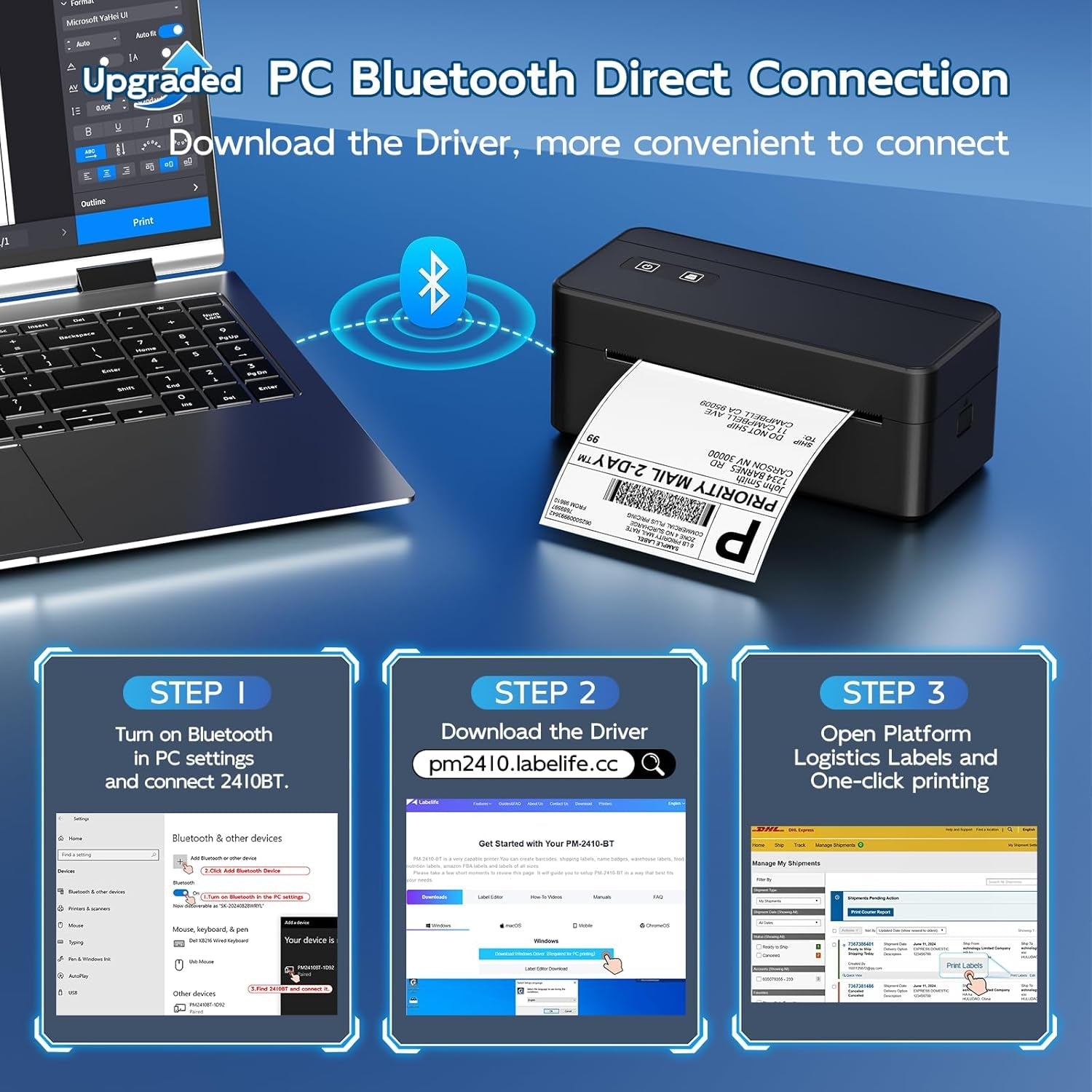 Bluetooth Thermal Shipping Label Printer, 4X6 Thermal Label Printer for Small Business, 2410BT Wireless Label Printers Compatible with Ios Android Phone&Pad&Pc, Widely Used for Ebay, USPS, Fedex, Etc