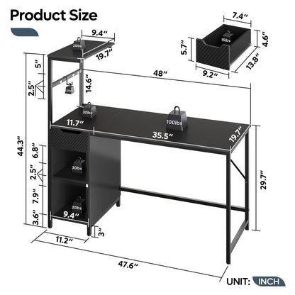 48-Inch LED Gaming Desk with Adjustable Shelf and Storage Drawer, Black