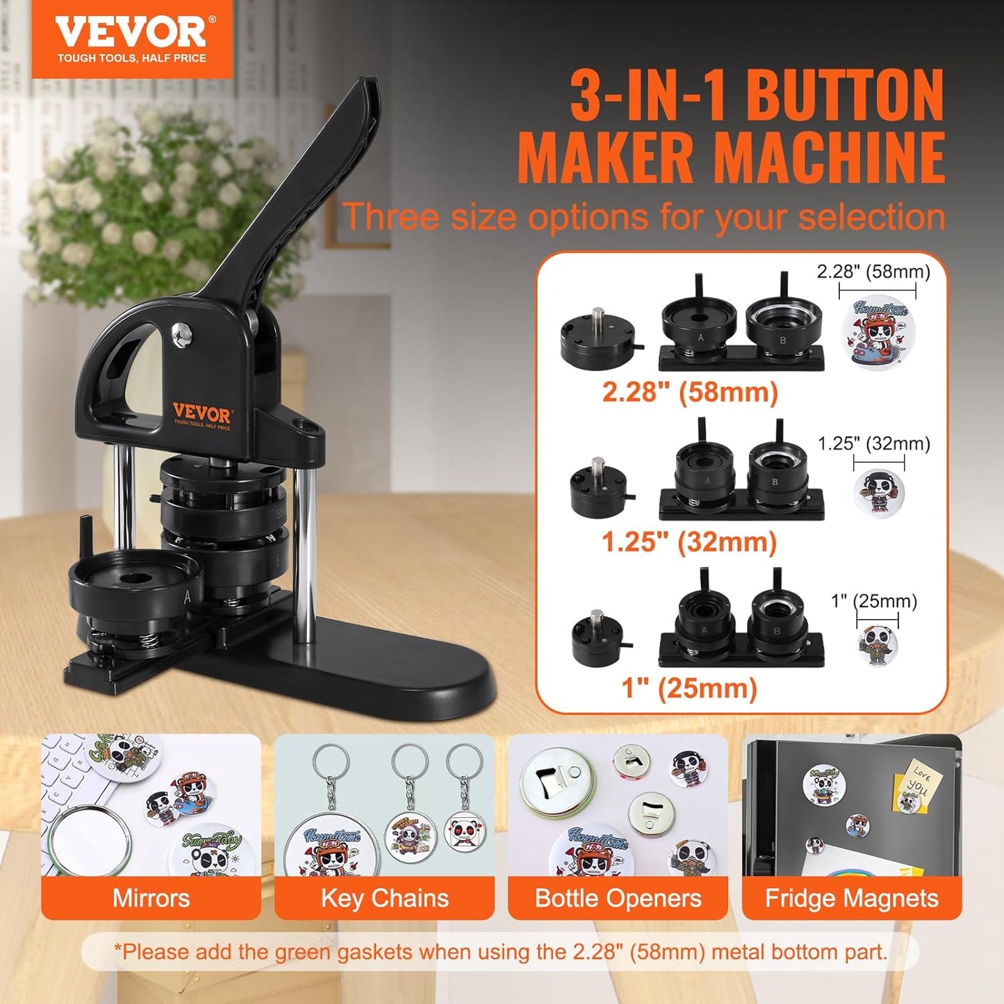 VEVOR Button Maker, 1/1.25/2.28 Inch(25/32/58Mm) 3-In-1 Pin Maker with 300Pcs Button Parts, Ergonomic Arc Handle Punch Press Kit, Button Maker Machine with Panda Magic Book, for Children DIY Gifts