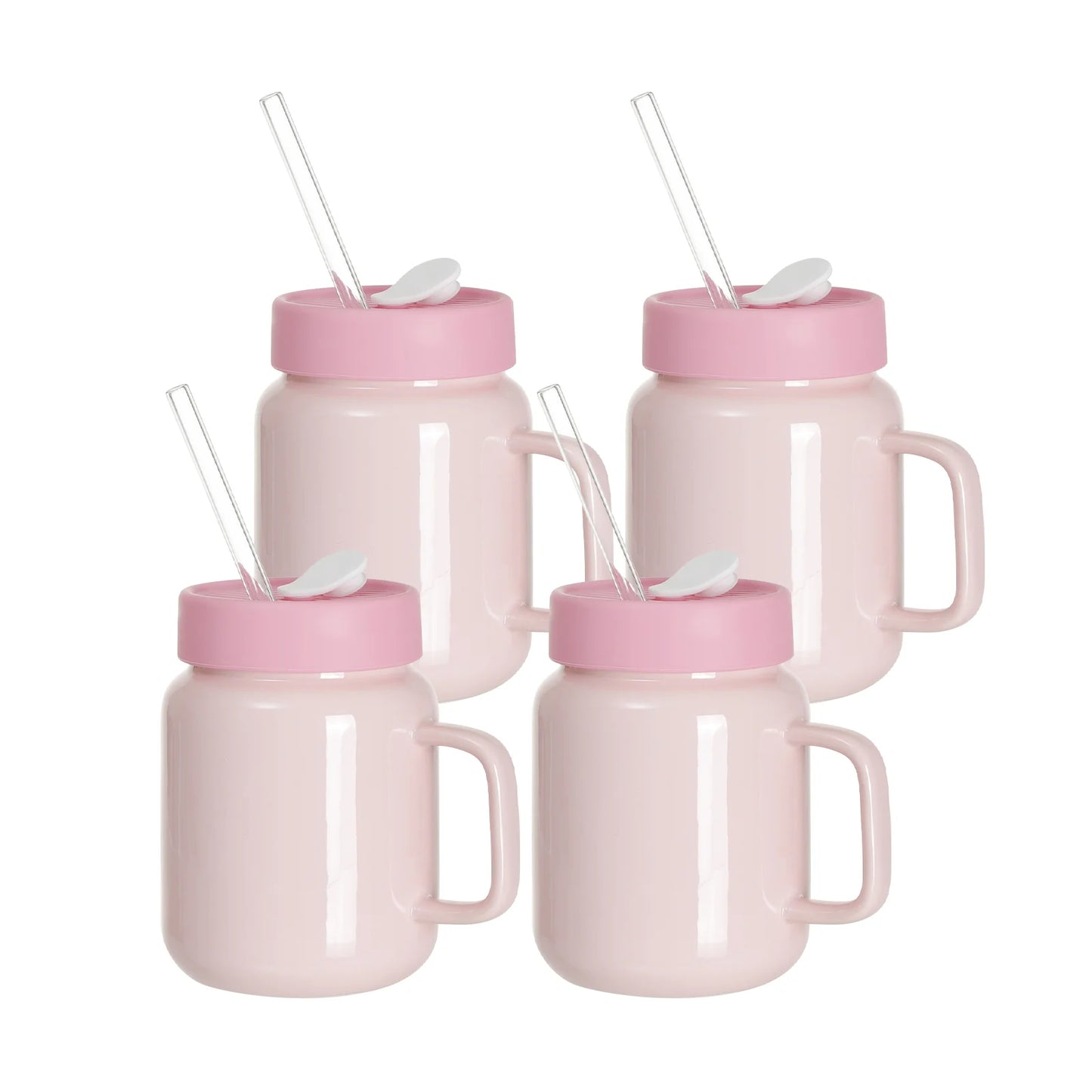 Sublimation Ceramic Mason Jar Full Color with Handle, Silicon Lid and Glass Straw 17 OZ 4 Pack (3 Color Options)