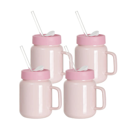 Sublimation Ceramic Mason Jar Full Color with Handle, Silicon Lid and Glass Straw 17 OZ 4 Pack (3 Color Options)