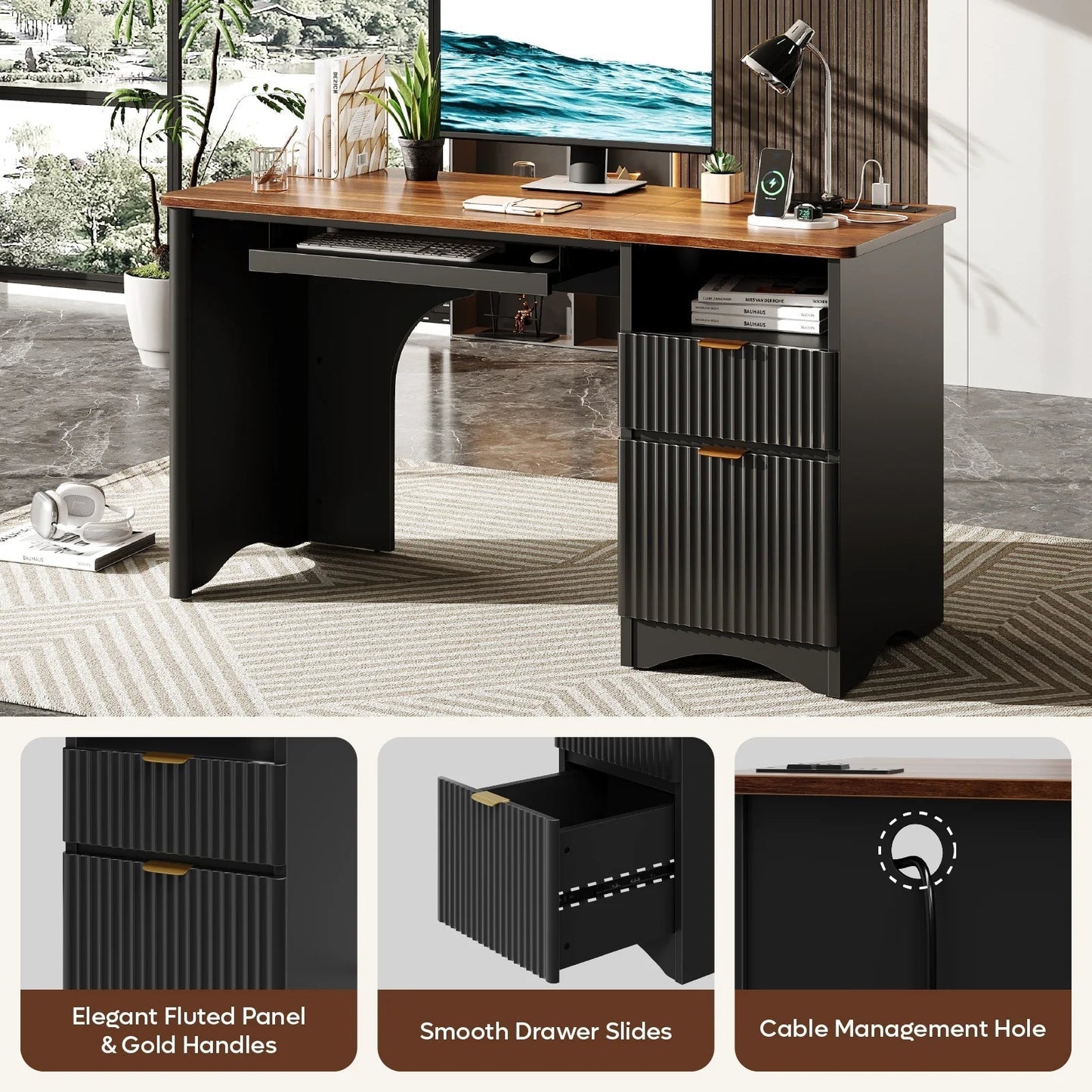 55" Computer Writing PC Desk Home Office with Power Outlets Keyboard Tray and Storage Drawers, Black