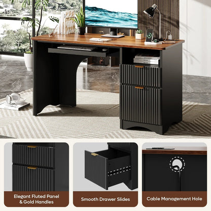 55" Computer Writing PC Desk Home Office with Power Outlets Keyboard Tray and Storage Drawers, Black