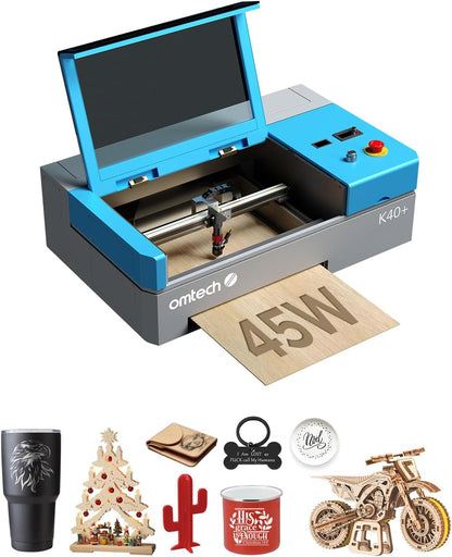 Omtech K40+ CO2 Laser Engraver with Rotary Axis, 8"X12" 45W Desktop Laser Engraving Machine for Home Use, Lasergrbl Lightburn Compatible Laser Engraver Cutter with Adjustable Laser Head Air Assist
